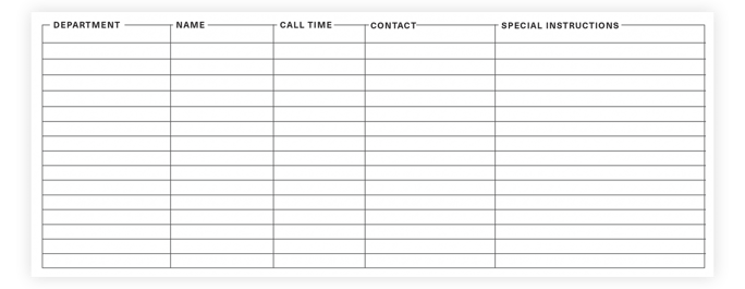 The crew list of a call sheet.