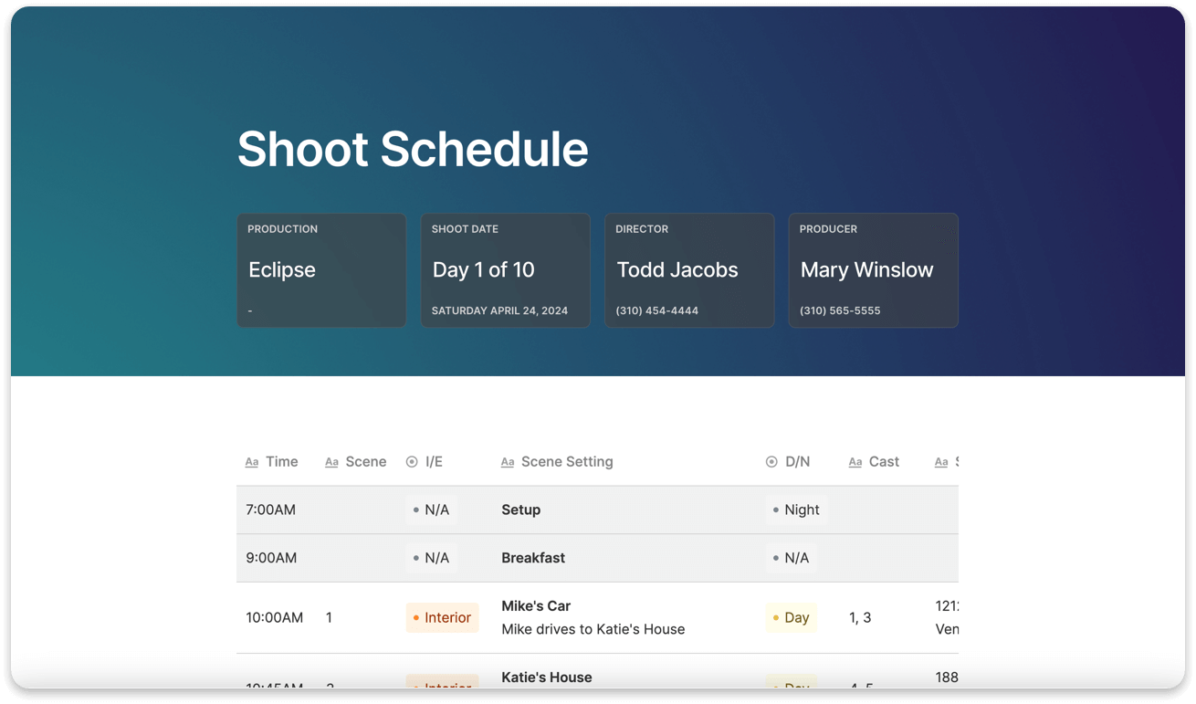 shoot schedule template